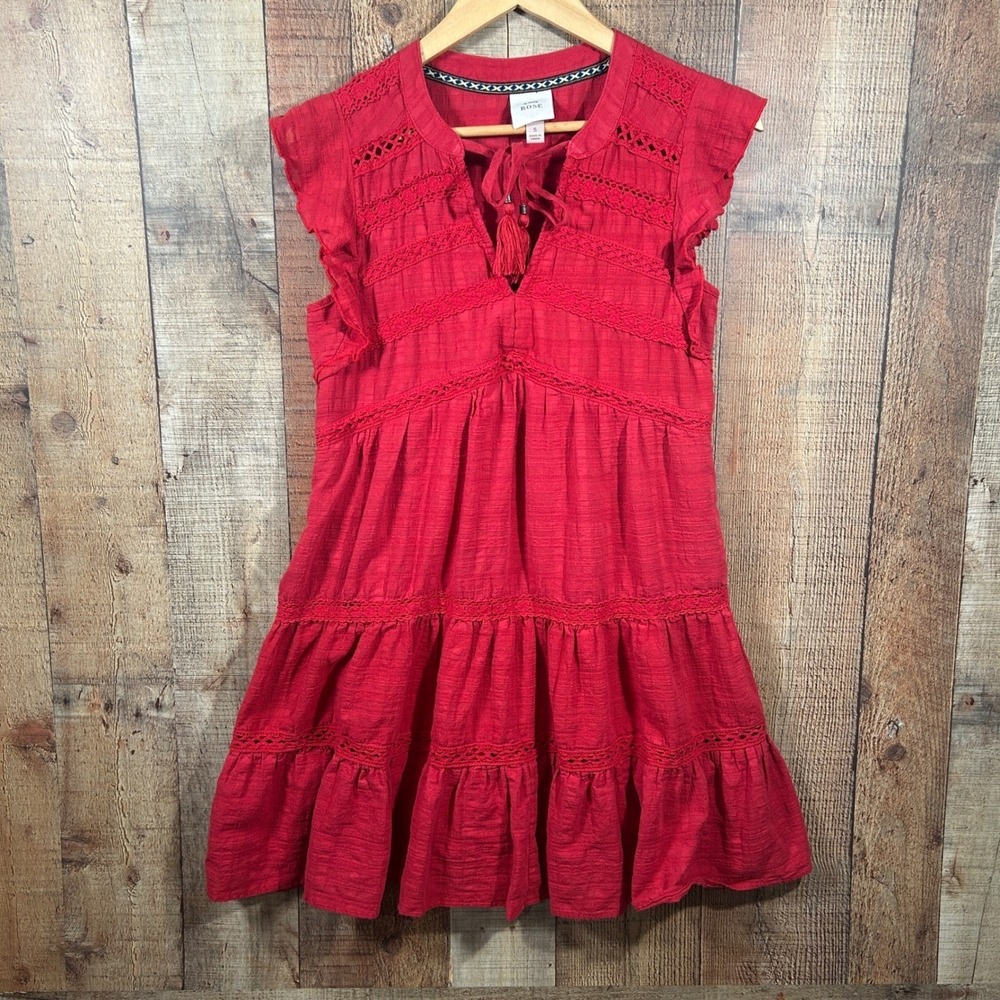 Knox Rose Peasant Dress Boho Cottagecore Crochet Tiered Gauze Burnt Red Small